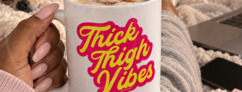 picture of a white coffee mug with the design thick thigh vibes resting on the crossed legs of the girl with a dog sleeping nearby